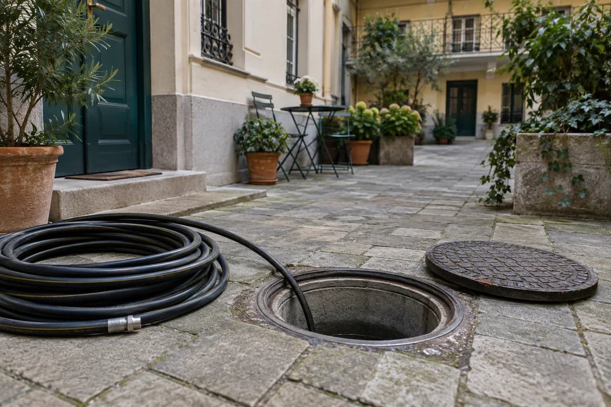 Nyitott ellenőrzőakna és feltekert tömlő egy burkolt udvaron – illusztráció